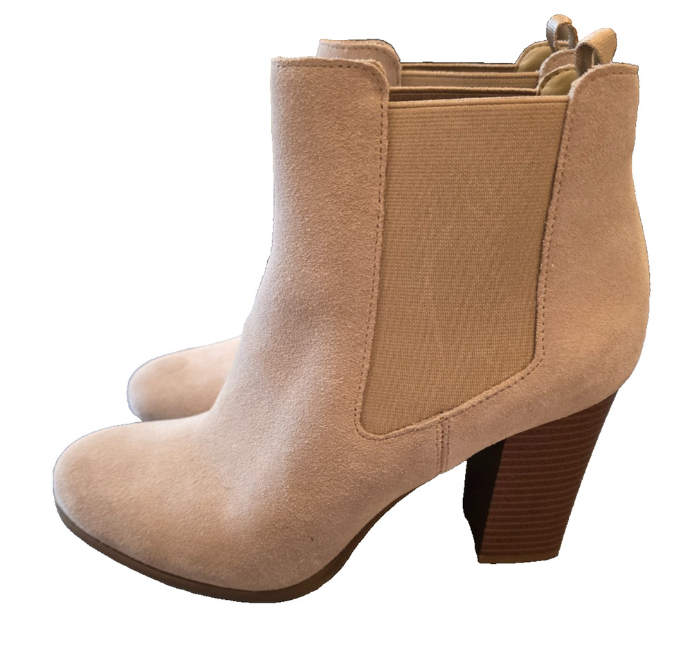 Michael Kors Chelsea Ankle Boots Block Heel Women 9M Beige Suede Pull On Classic